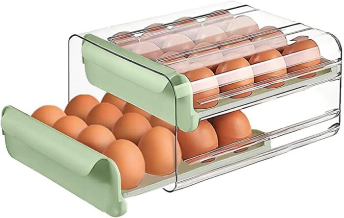 Large Capacity Egg Holder for Refrigerator, Egg Storage Container Organizer Bin, Clear Plastic Storage Container, Egg Fresh Storage Box with Handles, Egg Fresh Storage Box for Fridge (2 Layer) Green