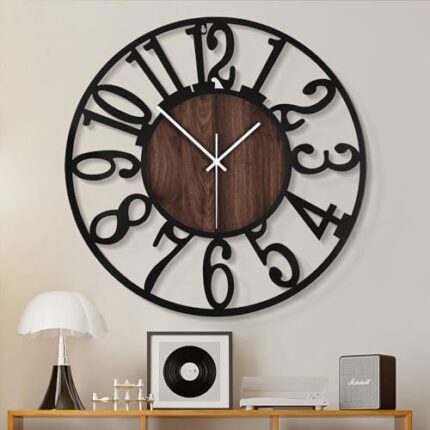 Large Wall Clock for Living Room Decor- Decorative Antique 24 inches or Larger Silent Non Ticking Black Metal Wood Clocks for Farmhouse,Dining Room,Bedroom,Kitchen Battery Operated Clock Wall Decor