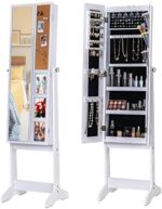 Lavievert 6 LEDs Jewelry Armoire with Photo Frame, Freestanding Jewelry Makeup Storage Cabinet with Mirror, Space-Saving Jewelry Organizer with 3 Shelves, PVC Pouch, 3 Angel Adjustable (White)