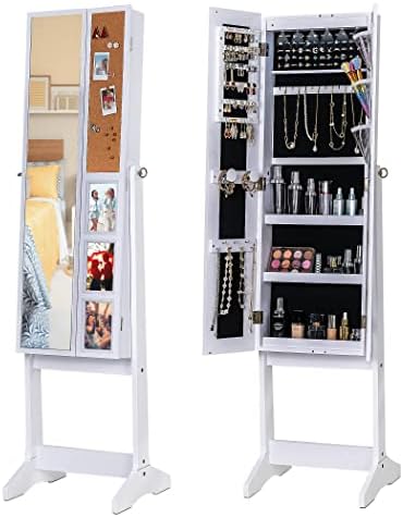 Lavievert 6 LEDs Jewelry Armoire with Photo Frame, Freestanding Jewelry Makeup Storage Cabinet with Mirror, Space-Saving Jewelry Organizer with 3 Shelves, PVC Pouch, 3 Angel Adjustable (White)