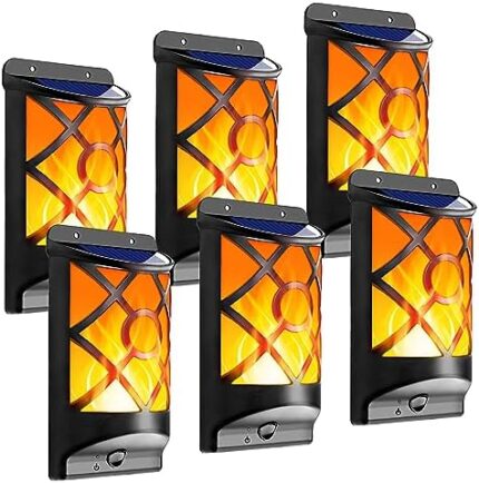 LazyBuddy Solar Flame Lights Outdoor, Flickering Dancing Flames Wall Light, 66LED Super Bright Auto On/Off Solar Powered Christmas Landscape Decor Wall Mount Fire Light for Fence Deck Patio (6 Pack)