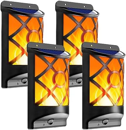 LazyBuddy Solar Flame Lights Outdoor, Flickering Flames Solar Fire Wall Light, 66LED Upgraded Auto On/Off Christmas Landscape Decorations Wall Mount Night Lights for Fence Deck Patio Porch (4 Pack)