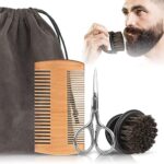 Linkidea Beard Brush & Beard Comb Set for Men, Beards and Mustaches Grooming Kit, Boar Bristle Brush, Dual Action Wood Comb, Mustache Trimming Scissor with Travel Bag