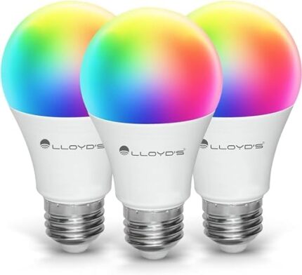 Lloyd's Smart Bulb: 10W E26 Dimmable from The App, LED, Multicolor + Warm to Cool White Light. App-Customizable, Voice Command with Alexa/Google Home. No Hub Needed, 2.4 GHz WiFi Compatible, 3-Pack