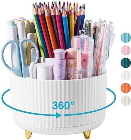 Lolocor Desk Pencil Pen Holder, 5 Slots 360 Degree Rotating Pen Organizer For Desk Desktop Storage Stationery Supplies Pencil Cup Desk Accessories for Office School Home Art Supply White