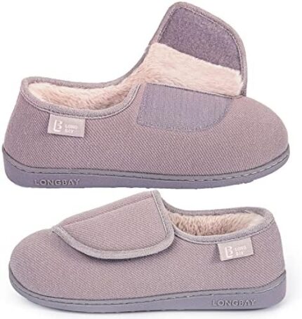 LongBay Women's Diabetic Slippers Furry Memory Foam Adjustable Extra Wide Shoes Swollen Feet Comfy Cozy Arthritis Edema House Shoes