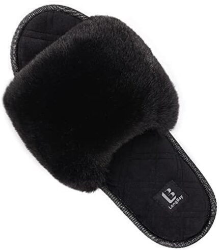 LongBay Women's Fuzzy Faux Fur Memory Foam Cozy Flat Spa Slide Slippers Comfy Open Toe Slip On House Shoes Sandals