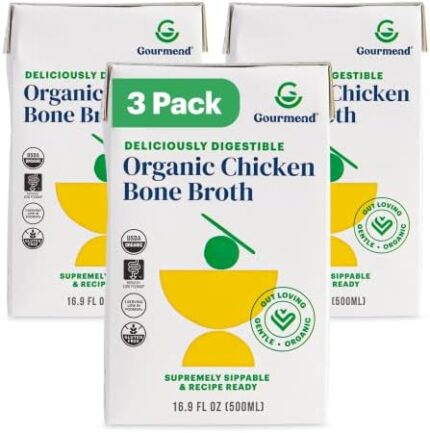 Low FODMAP Certified Unsalted 16.9oz Organic Chicken Broth from Gourmend Foods (3 Pack) – No Preservatives, "Flavors", Yeast Extract or Maltodextrin, Gluten Free, Non-GMO, Onion & Garlic Bulb Free