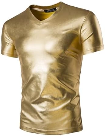 MANJIAMEI Men's Metallic T-Shirts, Short Sleeves Shiny Tunic Tops for Clubwear, V Neck Solid Party Tee Top Blouse T-Shirt