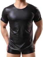 MANJIAMEI Men's Shiny Metallic Tank Top, PVC Leather Short Sleeve Undershirt T-Shirt, Round Neck Muscle Tight Tee Shirts