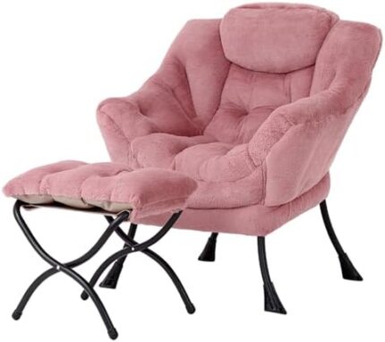 MBOOYOME Lazy Chair with Ottoman, Modern Accent Chair Contemporary Lounge Leisure Upholstered Sofa Chair Set with Armrests, Reading Chair for Living Room, Bedroom, Office, Plush Dark Pink