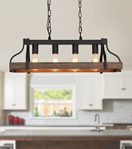 MEIXISUE Rustic Kitchen Island Dining Room Light Fixture Farmhouse Linear Chandelier Black and Retro Wood Finish 4-Light Industrial Metal Hanging Pendant Light UL Listed