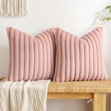 MIULEE Blush Pink Throw Pillow Covers 18x18 Inch Set of 2 Soft Pillowcase with Velvet Back Faux Rabbit Fur Cushion Covers Decorative Home Decor for Couch Sofa Bedroom Livingroom