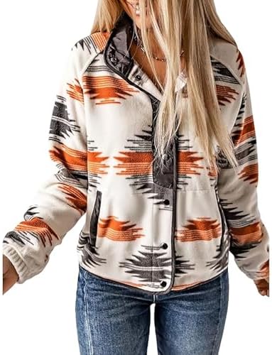 Maixang Women's Western Aztec Print Jacket Casual Fleece Long Sleeve Shacket Snap Button Shirt Jacket with Pockets