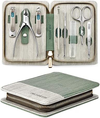 Manicure Set 8 in 1,Professional Pedicure kit,Stainless Steel Manicure Kit,Portable Travel Grooming Kit Nail Care Tools,Nail Clippers Pedicure Tools with Leather Travel Case (green)