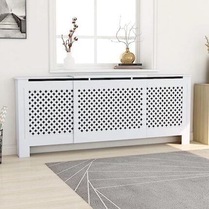 Matalde Radiator Cover, Heater Cover Cabinet, Cabinet Shelf, Home appliances, Heating Accessories, Cross Design, with Honeycomb Pattern, Perfect for Home Decoration, White, 205 x 20.5 x 81.5 cm