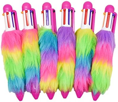 Maydahui 6 Pcs 6-in-1 Multicolor Fluffy Retractable Ballpoint Pen 6 Colors Shuttle Rainbow Plush 0.5 mm Pom Pom Pens for Students Teachers Office School Supplies Stationery Carnival Party Favor