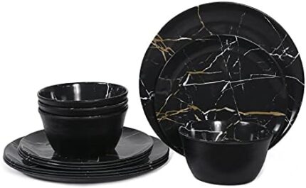 Melamine Dinnerware Set - 12pcs Plates and Bowls Sets Best for Indoor and Outdoor Party, BPA-Free Dishwasher Safe Kitchen Dinner Set with Black Marble Pattern