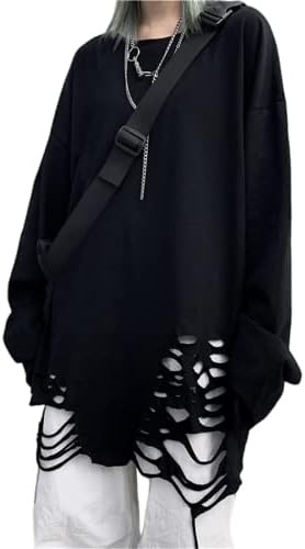 Men Women Y2K Gothic Ripped Raw Hem Sweatshirt Oversize Korean Emo Punk Long Sleeve Top Shirt Dark Academia Grunge Blouse, Black, XX-Large