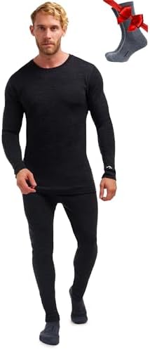 Merino Wool Baselayer Mens Set - Lite, Midweight, Heavyweight Merino Wool Thermal Underwear for Men Top and Bottom + Socks