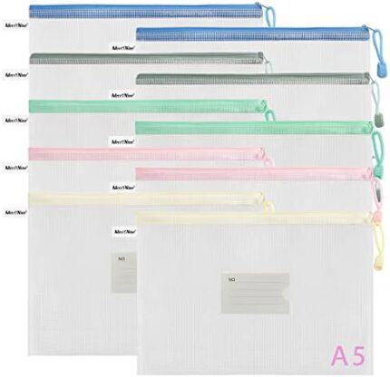 MerryNine Zipper Pouch Document Bag(5 Colors,10 Pack), Letter Size Waterproof Document Pouch with Card Pocket for School Office Supplies, Bill Storage，Cross Stitch Organizing Storage(A5-5.82"x8.26")