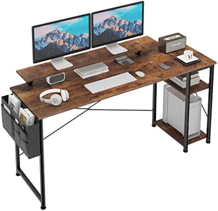 Mexin 63 Inch Computer Desk with Monitor Stand & 2-Tier Storage Shelves, Home Office Writing Desk Study Table Workstation, Rustic Brown