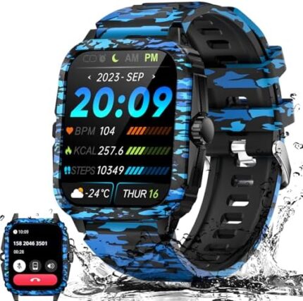 Military Smart Watch for Men with 3ATM Waterproof Make Calls Tactical Rugged Watch 2.0" HD Big Screen 430mAh Fitness Tracker with Heart Rate Sleep Monitor for iPhone Android iOS (Camouflage Blue)