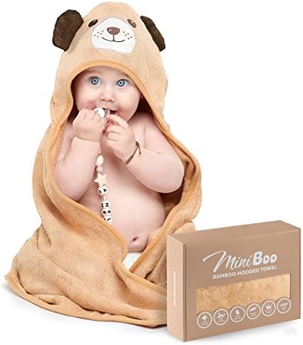 Miniboo Premium Bamboo Baby Hooded Towel with Unique Dog Design – Extra Soft and Absorbent Baby Towel for Newborn, Infant, and Toddler – Suitable as Baby Gifts