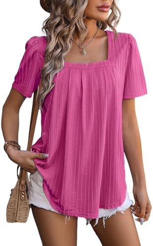 Misyula Womens Summer Tops Square Neck Puff Short Sleeve Shirts Pleated Tunic Casual Work Blouses S-XXL