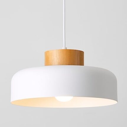 Modern Pendant Lights, 32cm,Natural Wood Cap, Drum Simple Ceiling Hanging Light Fixture for Dining Room, Table, Kitchen,Matte White