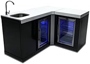 Mont Alpi MA-BEVBSS90FC Bar Series 90 Degree Corner Black Stainless Steel Double Outdoor Rated Refrigerator Wine Cooler Beverage Center Granite Countertops w/Blue LED Lighting + Faucet & Sink