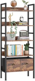 Mr IRONSTONE Bookshelf with Drawers, 5-Tier 24inch Standing Storage Shelves, Corner Bookcase Wood Display Shelves for Study, Bedroom, Living Room (Rustic Brown)