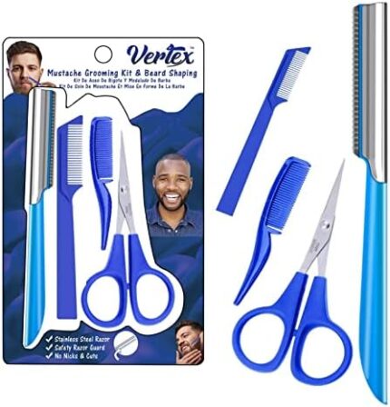 Mustache Scissors Grooming Comb Trimmer - Mens Beard Kit Straight Edge Razor Beards Curved Shaping Tool for Men Goatee Shaper Combs Mustaches Wax Movember Brush Edger Travel Razors Stainless Steel