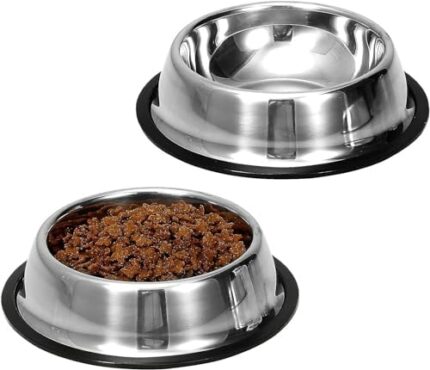 Mutsutaz 2 Pack Stainless Steel Dog Bowls with Rubber Bottom, Non Skid Non Spill Pets Feeder Bowls for Dogs and Cats and More