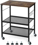 NANANARDOSO Rustic Kitchen Microwave Oven Stand, 3 Tier Kitchen Storage Cart with Lockable Wheels and Wooden Top, 10 Hooks Mesh Utility Storage Accent Furniture for Kitchen, Living Room.