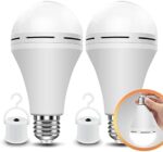 Neporal Rechargeable Light Bulbs Battery Operated Powered Backup Light Bulb, 15W 80W Equivalent 6000K 1200mAh, Emergency Light Bulb for Lamp Camping Works Even Power Outage -2 Packs + 2 Portable Hooks