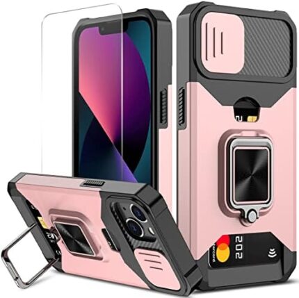 Nvollnoe for iPhone 13 Case with Sliding Camera Cover and Card Holder Heavy Duty Protective for iPhone 13 Case with Screen Protector Magnetic Kickstand Phone Case for iPhone 13(Rose Gold)