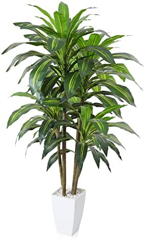 OAKRED Artificial Dracaena Tree 4Ft Fake Plants with White Taper Planter Fake Tree Faux Artificial Plants for Indoor Outdoor Wall Office Home Living Room Floor Decor,Set of 1