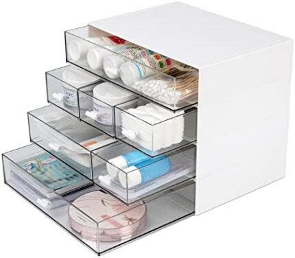 OSteed Desk Organizer with 7 Drawers, Desktop Craft Organizer, Plastic Stackable Storage Bins, Makeup & Bathroom Organizer Drawers, Acrylic Office Organizer Box, 4 Flat Layers White