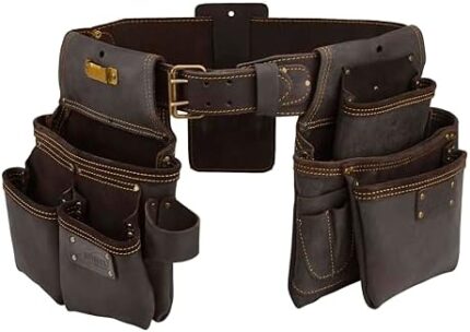 OX Tools Pro 4 Piece Carpenter Tool Belt, Construction Rig, Leather Tool Belt with Two Pouches, Hammer Holder, Tape Measure Pocket, Utility Knife Holder OX-P263604