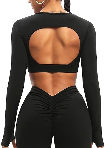 OZICERD Workout Crop Tops for Women Long Sleeve Shirts Gym Clothes Top Sport Femme Backless Yoga Tops Black