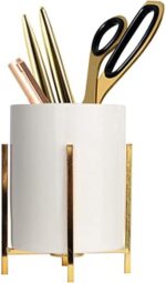 Office Pencil Holder Desktop Pen folder White ceramic With Metal Frame(1Pack 4.6 3.14in),Gold