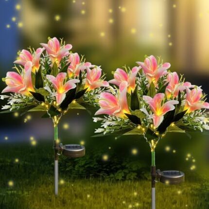 Outdoor Solar Garden Lights, 2 Pack 84 LEDs Solar Lily Flower Lights, Waterproof Artificial Flower Solar Landscape Lights, Solar Powered Fairy Lights for Patio Yard Pathway Decor Mothers Day (Pink)