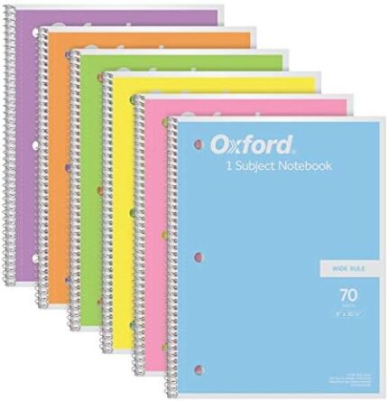 Oxford Notebooks, Spiral Notebook 6 Pack, 1 Subject, Wide Ruled Paper, 8" x 10-1/2", Pastel Pink, Orange, Yellow, Green, Blue, Purple, 70 Sheets, for School, Office