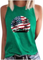 Palm Tree Graphic Tee for Women USA Flag Novelty Printed Tank Top Casual Sleeveless T Shirt Crewneck Tops Patriotic Shirts