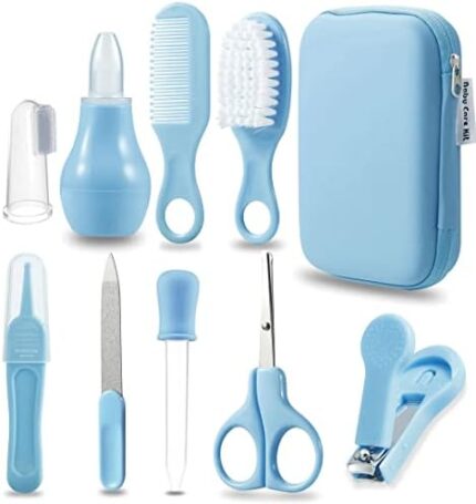 PandaEar Baby Healthcare and Grooming Kit, Baby Safety Set Baby Comb, Brush, Finger Toothbrush, Nail Clippers, Scissors, Nasal Aspirator, Baby Essentials Nursery Care Kit (Blue)