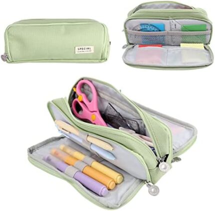 Pencil Case for Adult, Cute Pen Pencil Case with Double Zippers Closure Stationery Supplies Pen Pencil Pouch with Compartments for Middle High School Student Kids Boy Girl Teen Adult (Green)