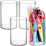 Peohud 4 Pack Acrylic Pen Holders, Clear Thick Pencil Cup, Round Makeup Brush Holder, Desktop Stationery Organizer for Desk Accessories Office School Home Supplies