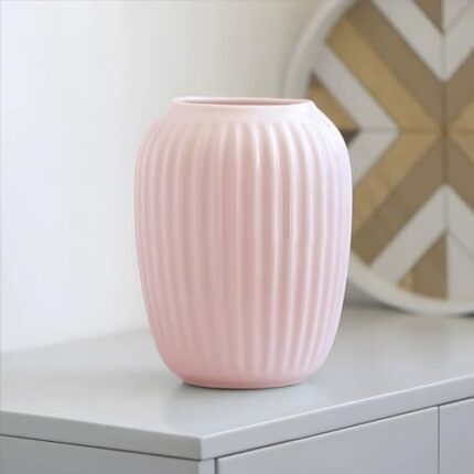 Pink Ceramic Vase, Large Flowers Vase in French Country Style for Home Decor, Ribbed Vase for Wedding Dinner Table Office Bedroom - 8 Inch / 20 CM