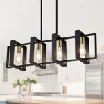 Poroulux Farmhouse Kitchen Island Lighting Black Chandeliers for Dining Room Wooden Island Lights,Industrial Rectangle Light Fixtures Ceiling Hanging (4 Lights)